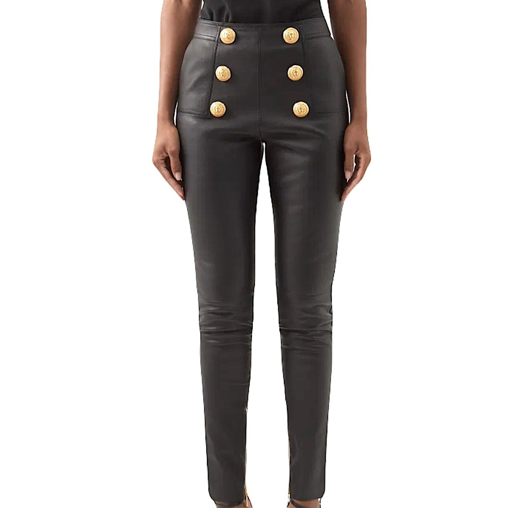 Button-Embellished Leather Skinny Pants